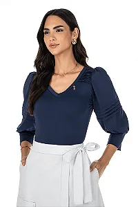 Blusa Em Malha Ajustada Com Pregas Azul Marinho Via Tolentino