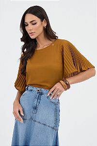 Blusa Caramelo Cropped Mangas Plissada