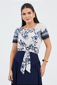 Blusa Azul Marinho Estampada Plano Com Amarração