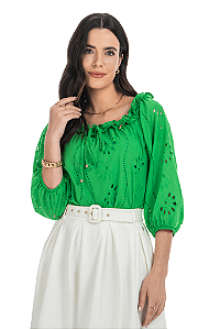 Blusa Verde Laise Com Elástico E Amarração Via Tolentino