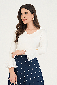 Blusa Off White Malha Com Laise Na Manga