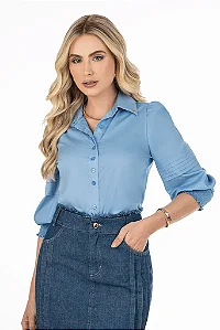 Camisa Em Tricoline Com Mangas Bufantes Azul Via Tolentino