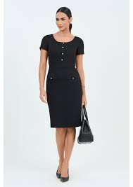 Vestido Justo Preto Piquet Com Lapela E Botão