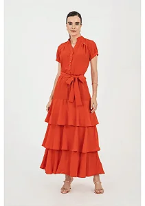 Vestido Longuete Com Babados E Lastex Na Cintura Via Tolentino