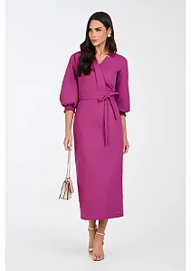 Vestido Fucshia Reto Midi Em Linho Transpassado