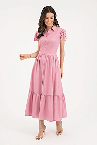 Vestido Chemise Midi Listrado Com Babados Via Tolentino