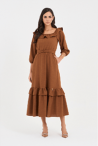 Vestido Marrom Midi Gode Com Babado