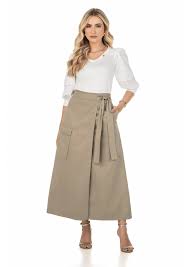 Saia Em Sarja Transpassada Com Bolso Cargo Caqui Via Tolentino