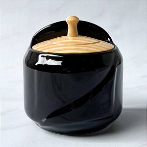 Saleiro de Cerâmica com Tampa de Madeira - Preto