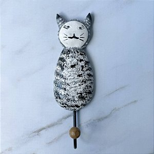Quadrinho Decorativo em Forma de Gato Pintado com Gancho de Ferro