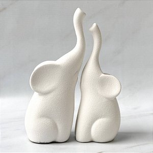 Dupla Elefantes de Cerâmica Encaixe - Branco Textura Cimento