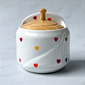 Saleiro de Cerâmica com Tampa de Madeira - Coração Colorido