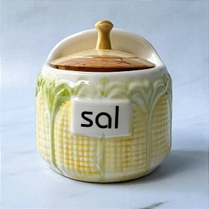 Saleiro de Cerâmica com Tampa de Madeira - Milho