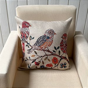Capa de almofada Linhão - Galho com Pássaros e Flores