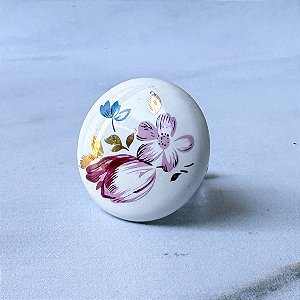 Puxador de Cerâmica Artística - Branco Flores