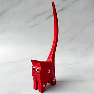 Porta-Anel de Madeira em Formato de Gato - Vermelho
