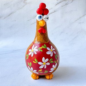 Galinha em Cabaça - Avental Vermelho e Flor Amarela