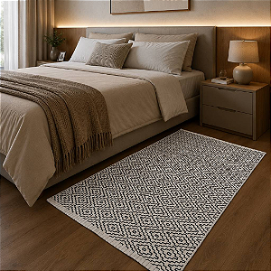 Beira Cama Boho - Cru com bordado Preto