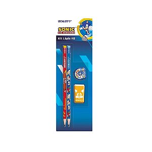 Kit Escolar 4 Peças Sonic The Hedgehog 2 Lápis de escrever 1 Borracha e 1 Apontador