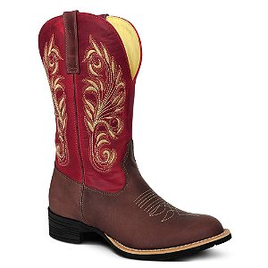 Bota Texana Country Feminino Couro Fossil e Vermelho - Silverado Botas