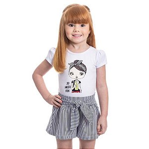 Conjunto Feminino Infantil – Blusa de Cotton e Short Listrado