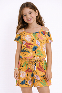 Macaquinho Infantil/Juvenil Menina Folhas Amarelo - Alakazoo
