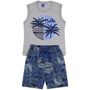 Conjunto Infantil Masculino Camiseta Malibu Mescla e Bermuda Azul Tmx