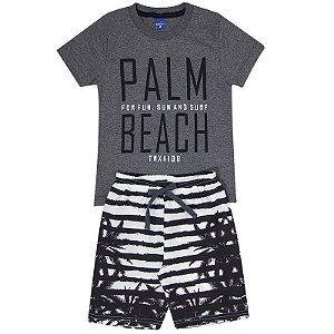 Conjunto Infantil Masculino Camiseta Mescla e Bermuda Preto Coqueiro Tmx