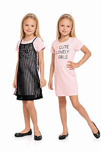 Conjunto Infantil Cata-Vento Vestido Com Sobreposição Rosa E Preto