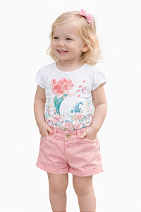 Conjunto Infantil Ser Garota – Blusa Branca em Cotton + Short Rosa