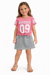 Conjunto Infantil Menina – Blusa Rosa e Saia Cinza