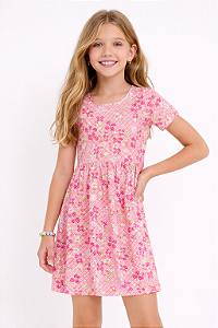 Vestido Infantil Menina Meia Malha Flores Elian Rosa