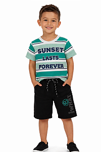 Conjunto Infantil Masculino Camiseta Listrada + Bermuda Moletinho