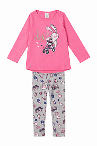 Conjunto Infantil Feminino Malwee Kids Meia Estação – Blusa Rosa + Legging Estampada