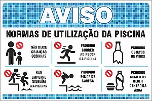 Placa de Aviso de Piscina normas de utilização da piscina proibido objetos de vidro