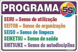 Placa de programa 5s seiri = senso de utilização seiton = senso de organização seiso = senso de limpeza seiketsu = senso de saúde shitsuke = senso de autodisciplina