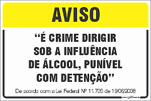 Placa de leis aviso é crime dirigir sob a influência de álcool, punível com detenção