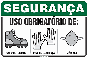 Placa de segurança uso obrigatório de: sapatos, luvas e mascara