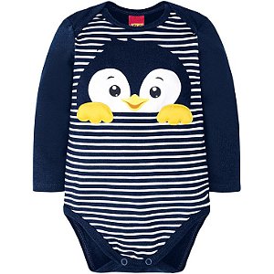 Body Bebê Manga Longa Pinguim Azul Marinho Listrado Kyly