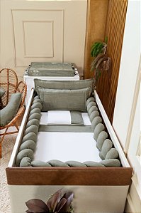 Kit Berço Bebê Trança Linho Verde Musgo 6 Pçs Protetor Batistela