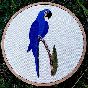 Arara-azul - Bordado a Mão em Bastidor - Pássaros Caparaó