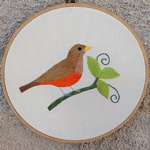 Sabiá-laranjeira - Bordado a Mão em Bastidor - Pássaros Caparaó