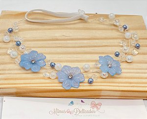 Tiara Flores Azul Com Branco Delicada