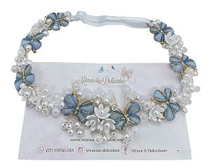 Tiara Várias Borboletas Azul e Branco