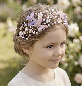 Tiara Jardim das Borboletas duas Voltas Rosa e Lilás