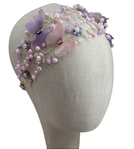 Tiara Jardim das Borboletas duas Voltas Rosa e Lilás