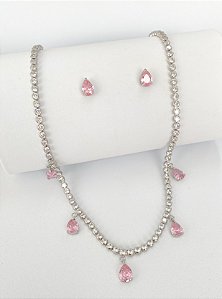 Conjunto riviera gota rosa fecho joia