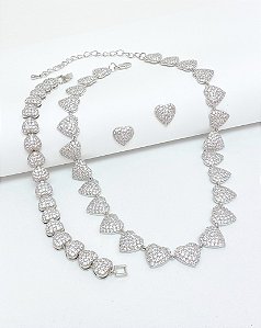 Conjunto joalheria ródio branco coração
