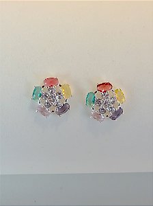 Brinco flor pedraria colorido