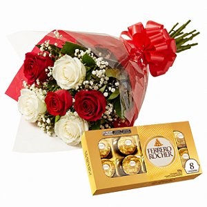 Buquê de Rosas Vermelhas e Brancas c/ Ferrero